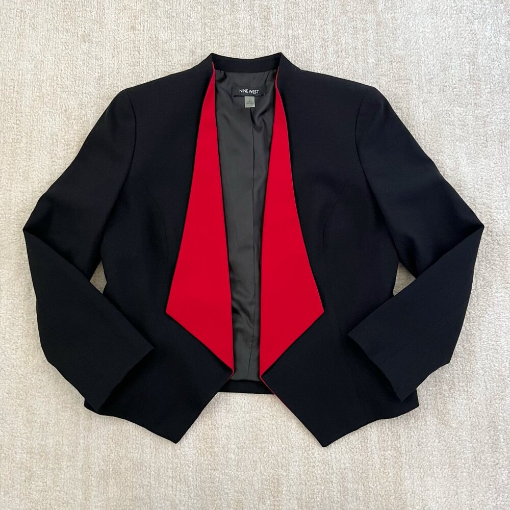 Nine West Black Red Open Front Blazer Suit Work Jacket 4